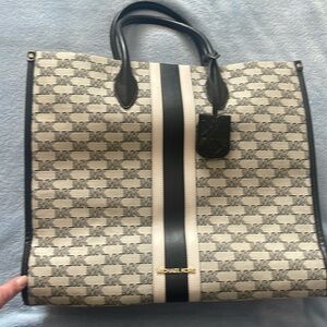 Michael Kors Mirella large center stripe logo jacquard tote bag in black